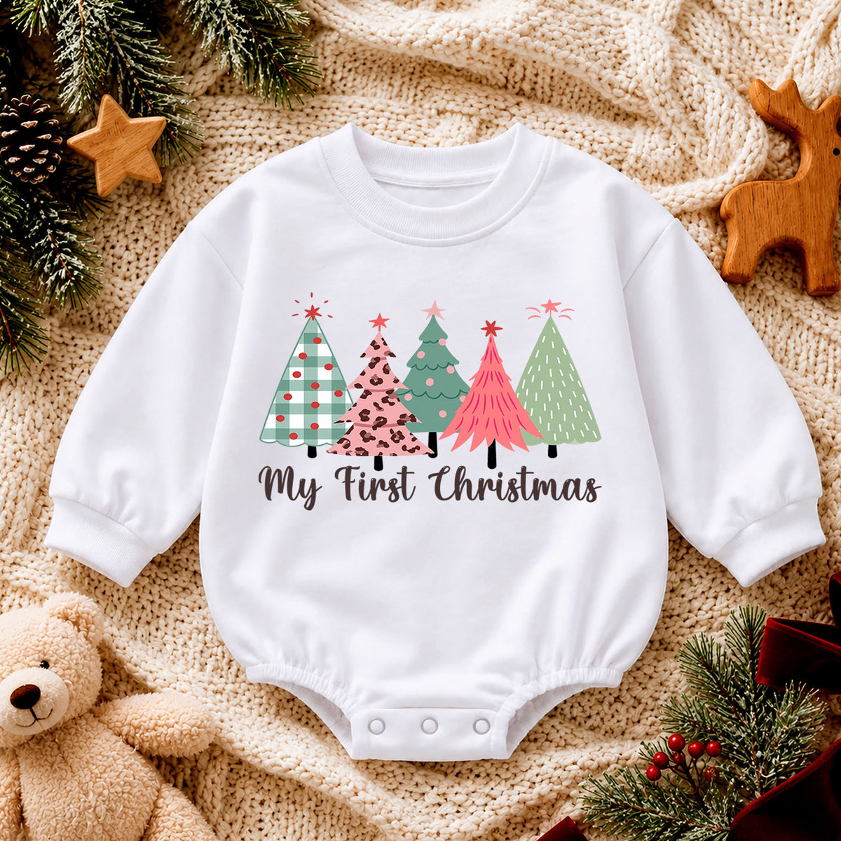 My First Christmas Tree Romper, Pink Leopard Baby Holiday Outfit, 1st Birthday Winter Gift, Baby Girl 1st Christmas Keepsake — product view 4