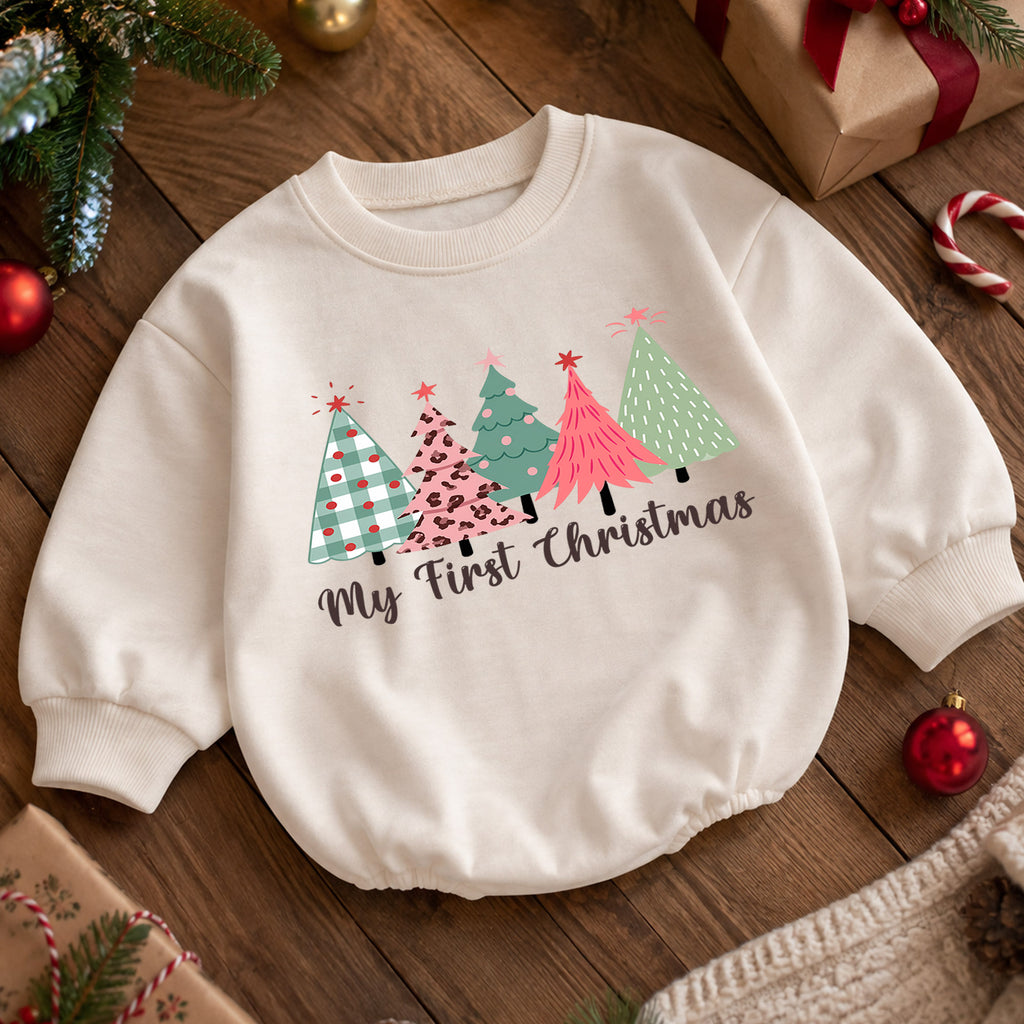 My First Christmas Tree Romper, Pink Leopard Baby Holiday Outfit, 1st Birthday Winter Gift, Baby Girl 1st Christmas Keepsake — product view 5