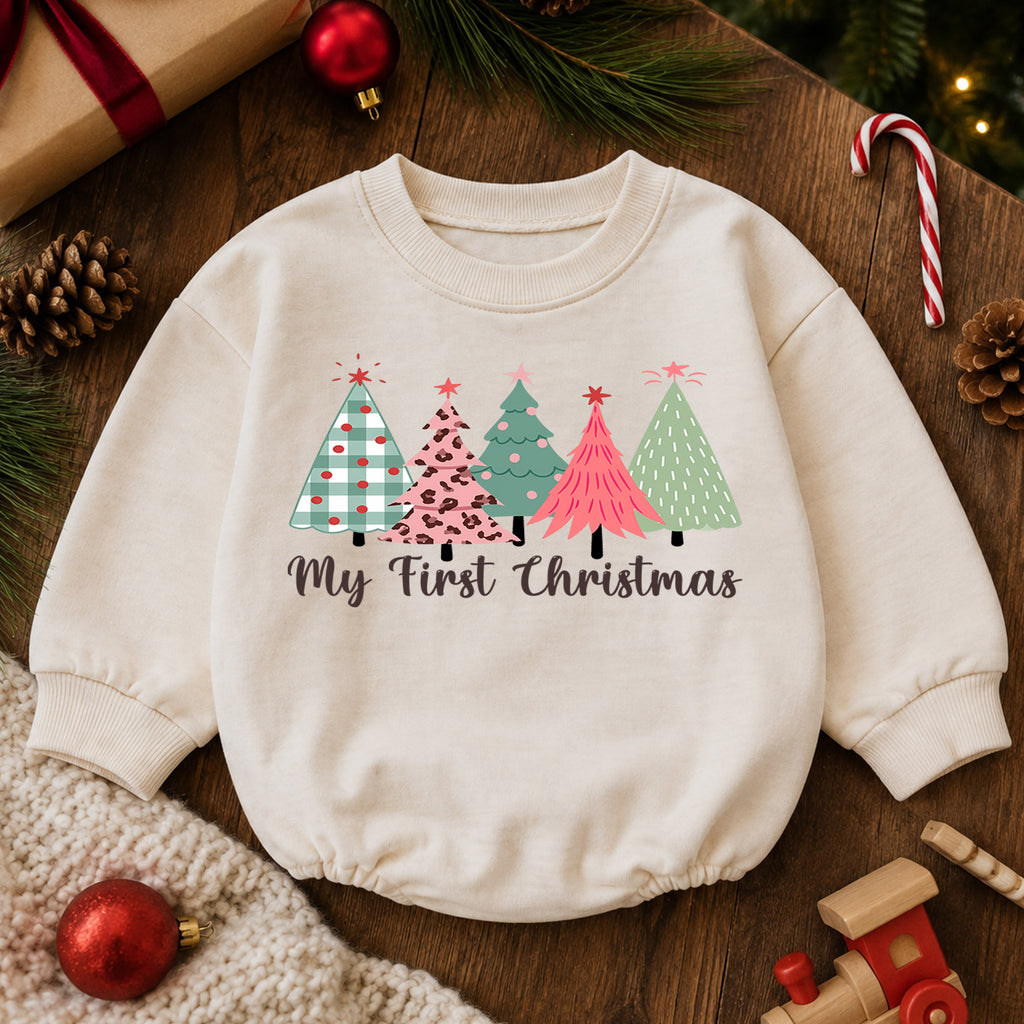 My First Christmas Tree Romper, Pink Leopard Baby Holiday Outfit, 1st Birthday Winter Gift, Baby Girl 1st Christmas Keepsake — product view 6