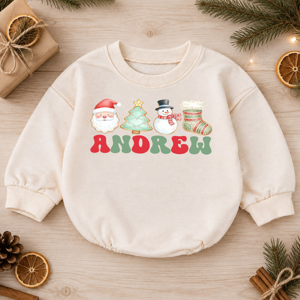 Personalized Name Christmas Romper, Santa Tree Snowman Stocking Holiday Outfit, Custom 1st Christmas Gift, First Birthday Keepsake — product view 1