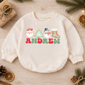 Personalized Name Christmas Romper, Santa Tree Snowman Stocking Holiday Outfit, Custom 1st Christmas Gift, First Birthday Keepsake — product view 1