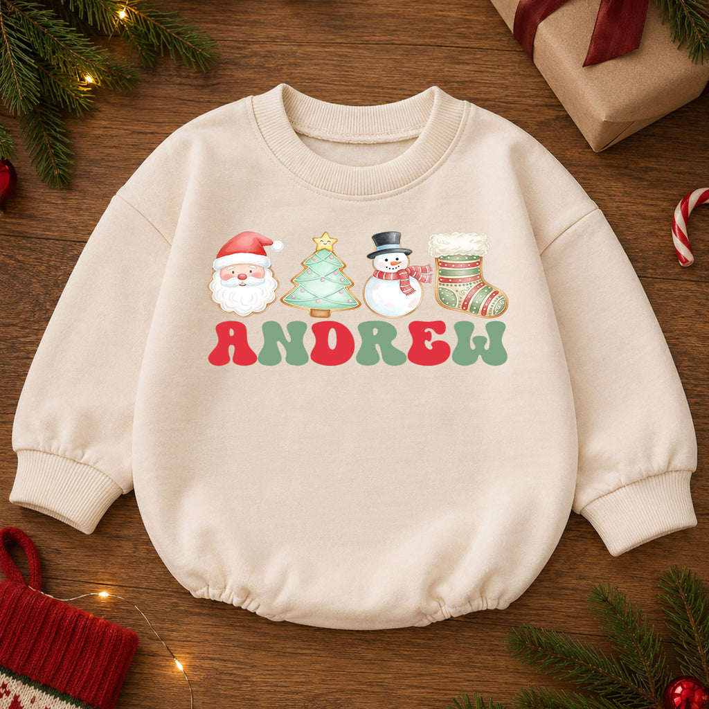 Personalized Name Christmas Romper, Santa Tree Snowman Stocking Holiday Outfit, Custom 1st Christmas Gift, First Birthday Keepsake — product view 2