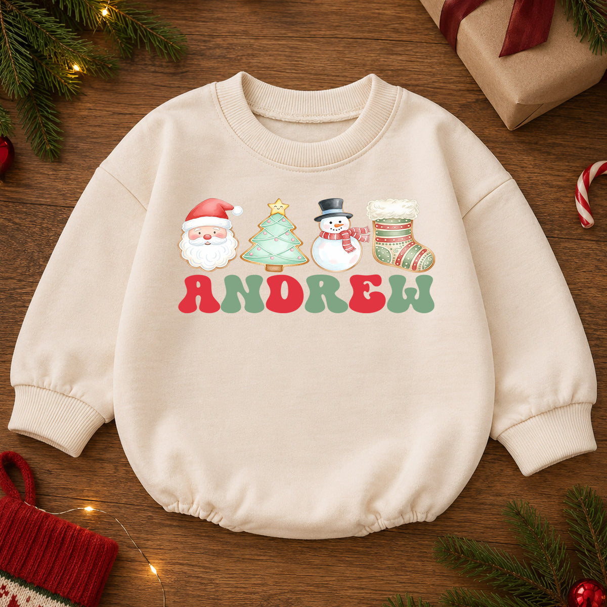 Personalized Name Christmas Romper, Santa Tree Snowman Stocking Holiday Outfit, Custom 1st Christmas Gift, First Birthday Keepsake — product view 2
