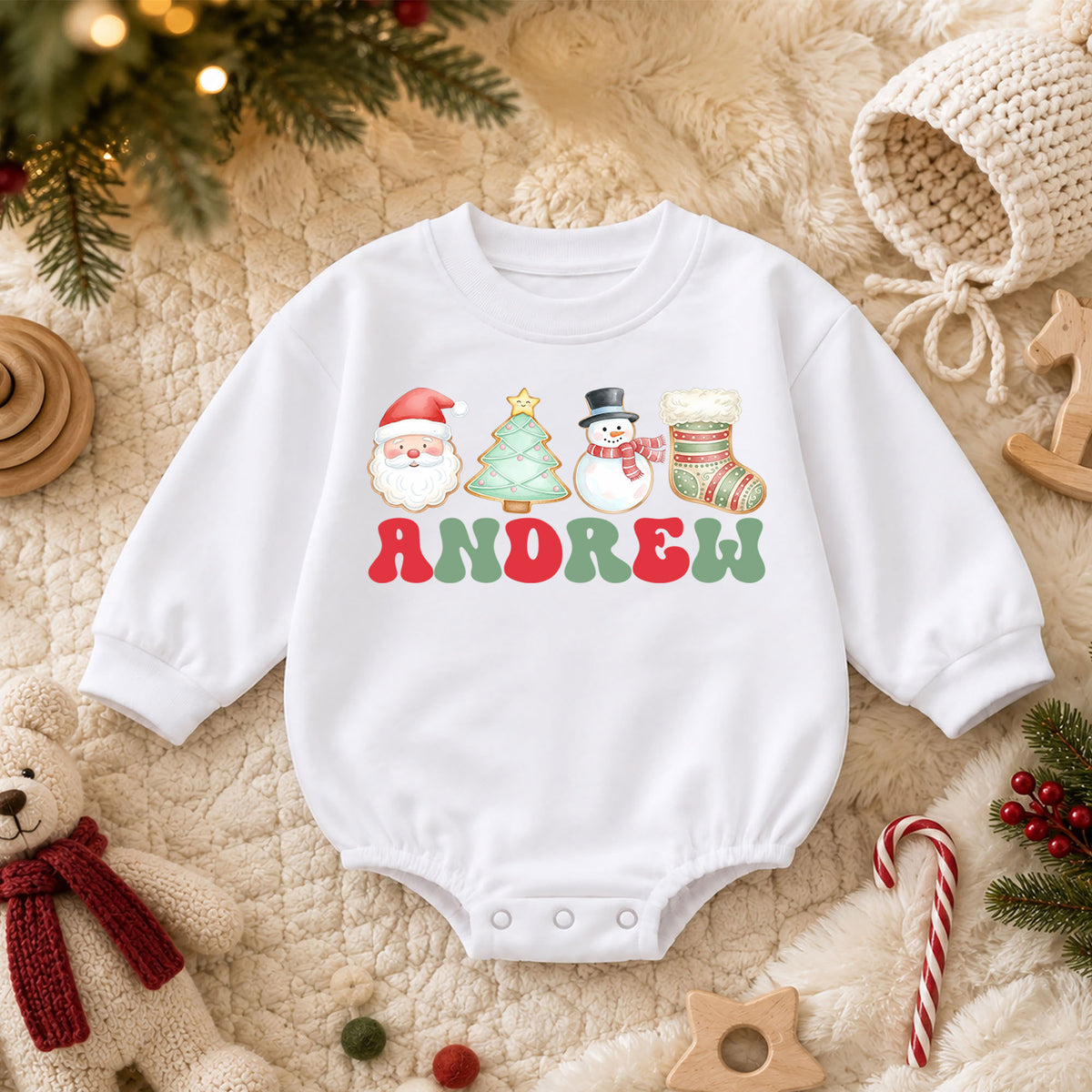 Personalized Name Christmas Romper, Santa Tree Snowman Stocking Holiday Outfit, Custom 1st Christmas Gift, First Birthday Keepsake — product view 3