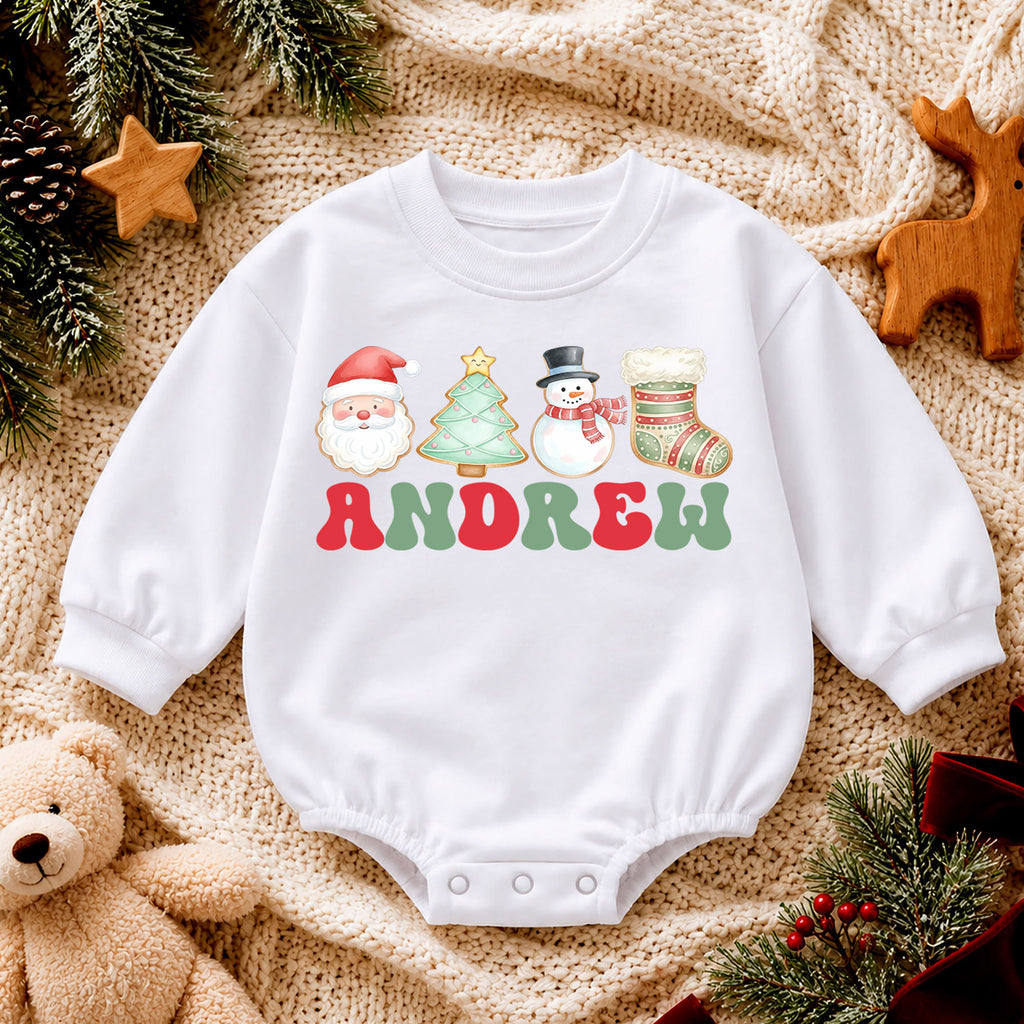Personalized Name Christmas Romper, Santa Tree Snowman Stocking Holiday Outfit, Custom 1st Christmas Gift, First Birthday Keepsake — product view 4