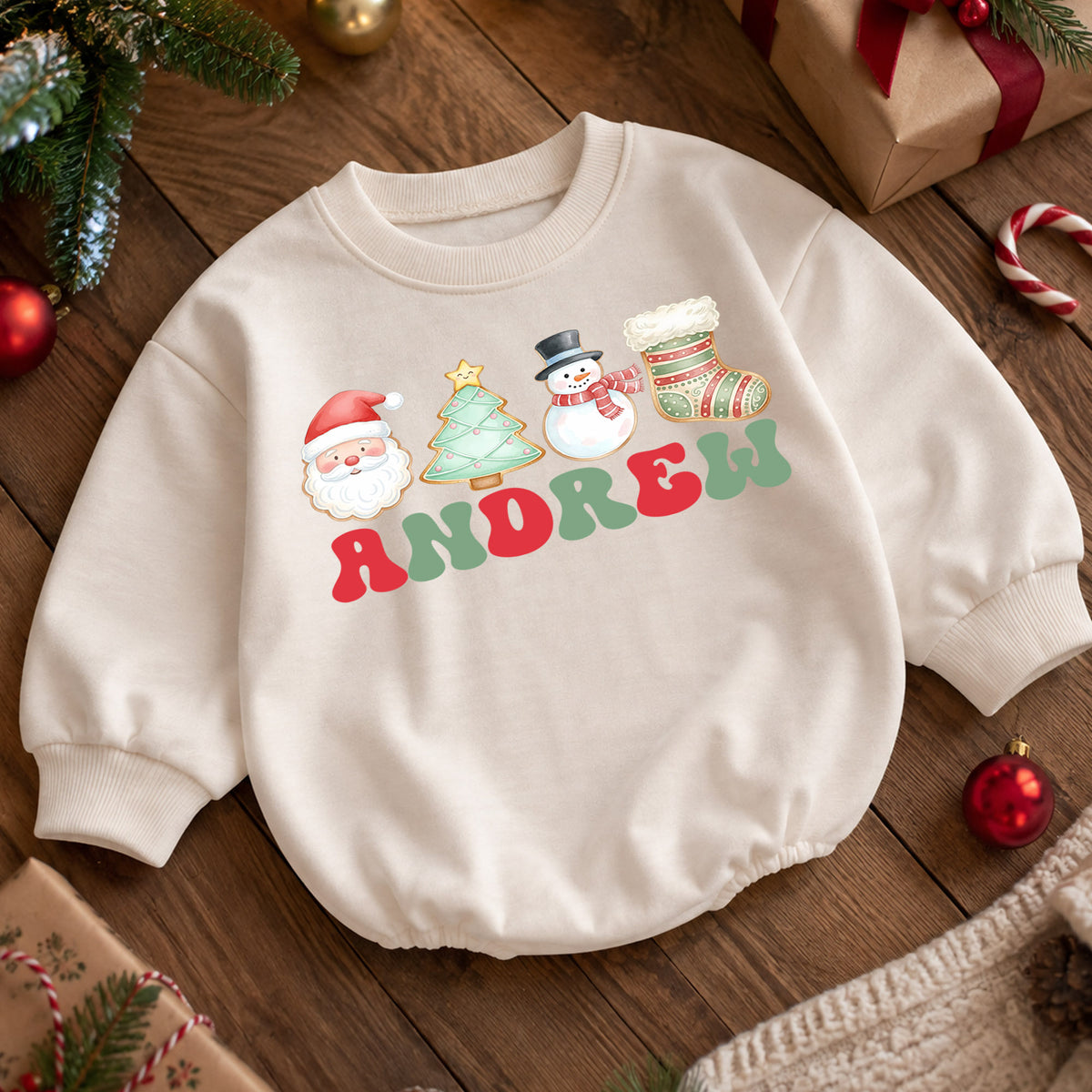 Personalized Name Christmas Romper, Santa Tree Snowman Stocking Holiday Outfit, Custom 1st Christmas Gift, First Birthday Keepsake — product view 5