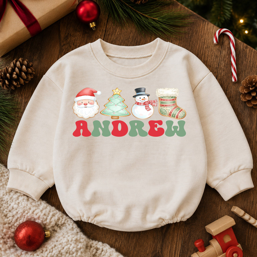 Personalized Name Christmas Romper, Santa Tree Snowman Stocking Holiday Outfit, Custom 1st Christmas Gift, First Birthday Keepsake — product view 6