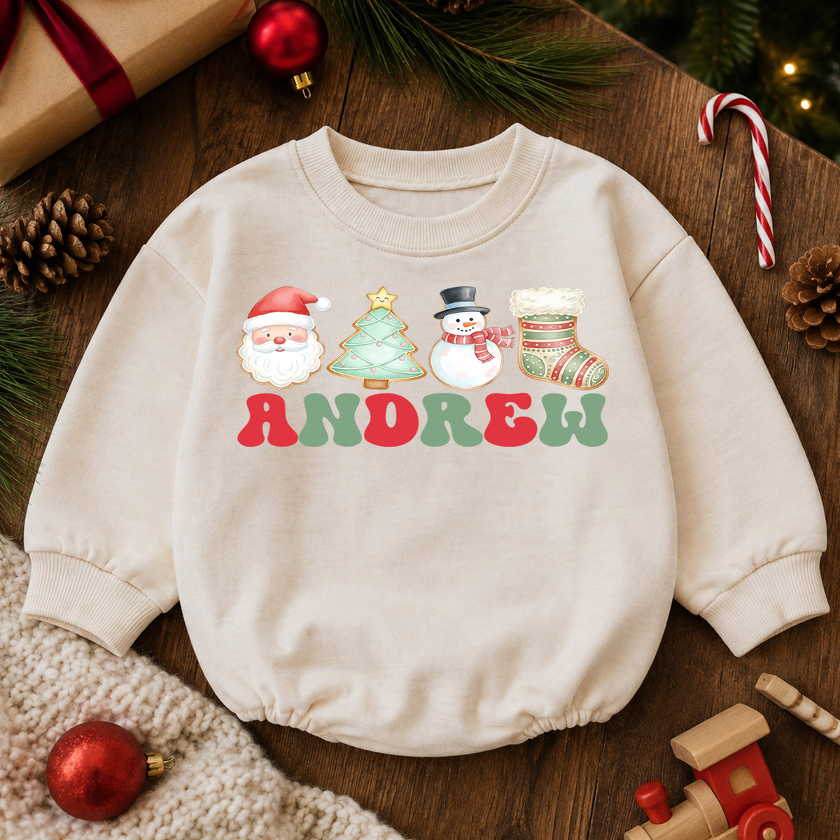 Personalized Name Christmas Romper, Santa Tree Snowman Stocking Holiday Outfit, Custom 1st Christmas Gift, First Birthday Keepsake — product view 6