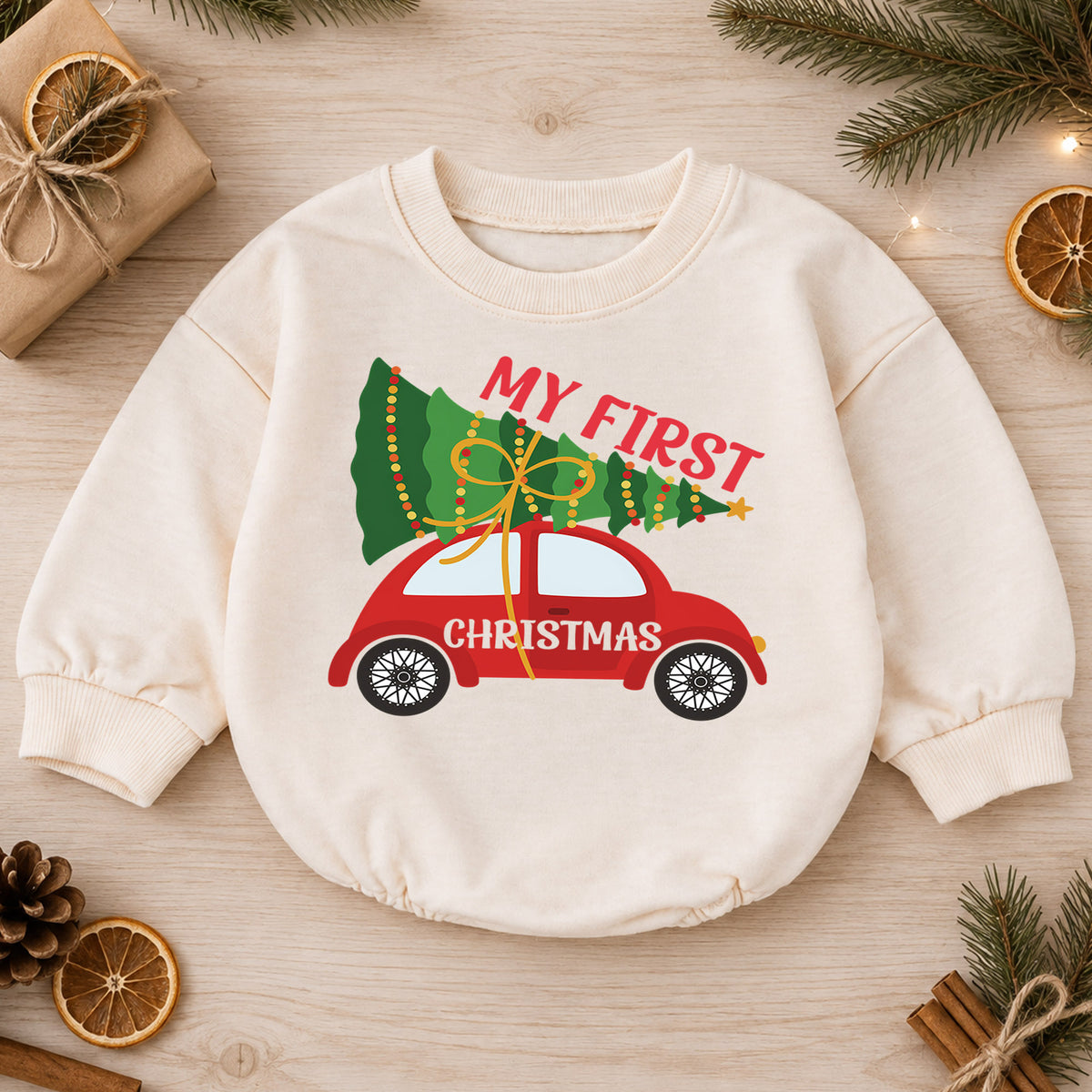 My First Christmas Car Baby Romper, Christmas Tree Car Romper, Baby First Xmas Outfit, Holiday Milestone Keepsake Gift — product view 1