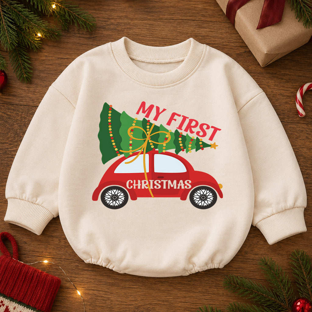 My First Christmas Car Baby Romper, Christmas Tree Car Romper, Baby First Xmas Outfit, Holiday Milestone Keepsake Gift — product view 2