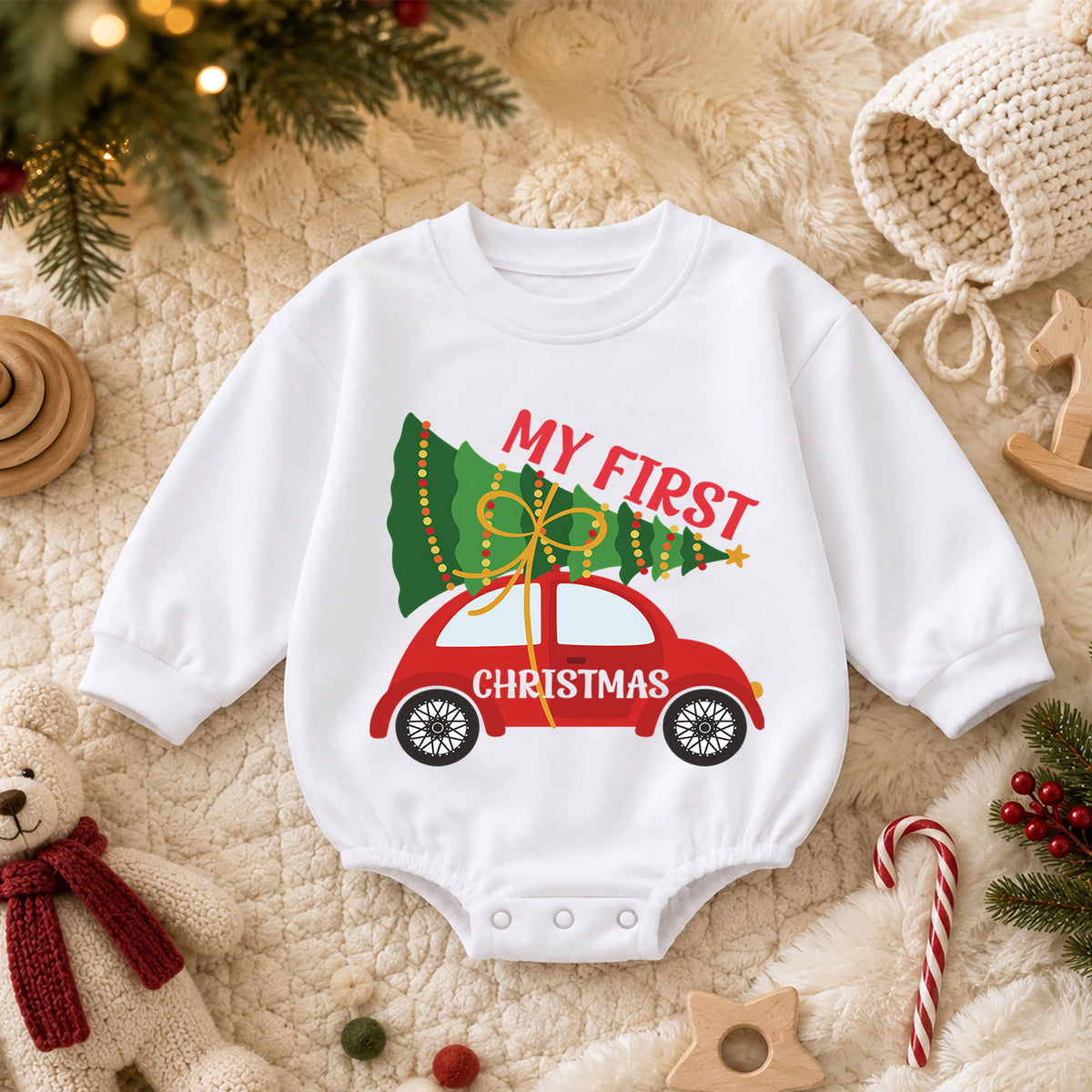 My First Christmas Car Baby Romper, Christmas Tree Car Romper, Baby First Xmas Outfit, Holiday Milestone Keepsake Gift — product view 3