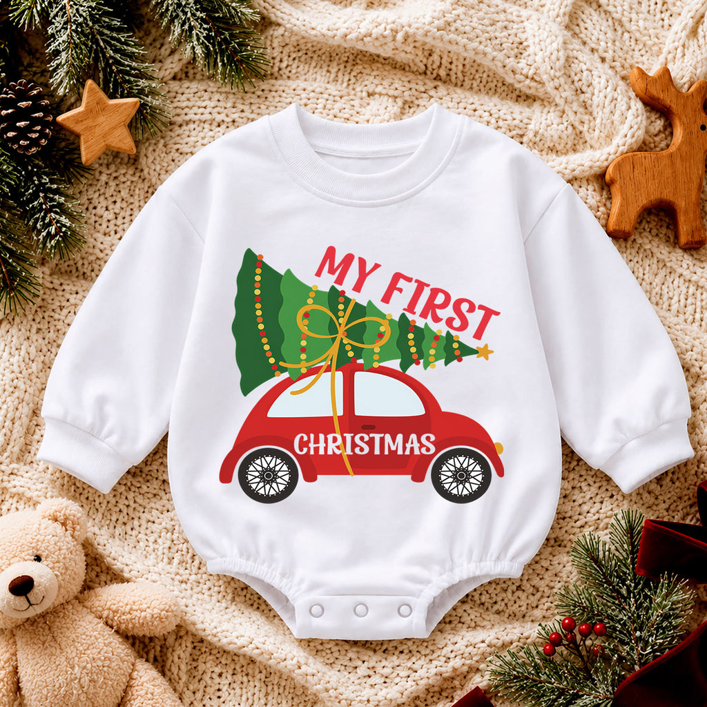 My First Christmas Car Baby Romper, Christmas Tree Car Romper, Baby First Xmas Outfit, Holiday Milestone Keepsake Gift — product view 4