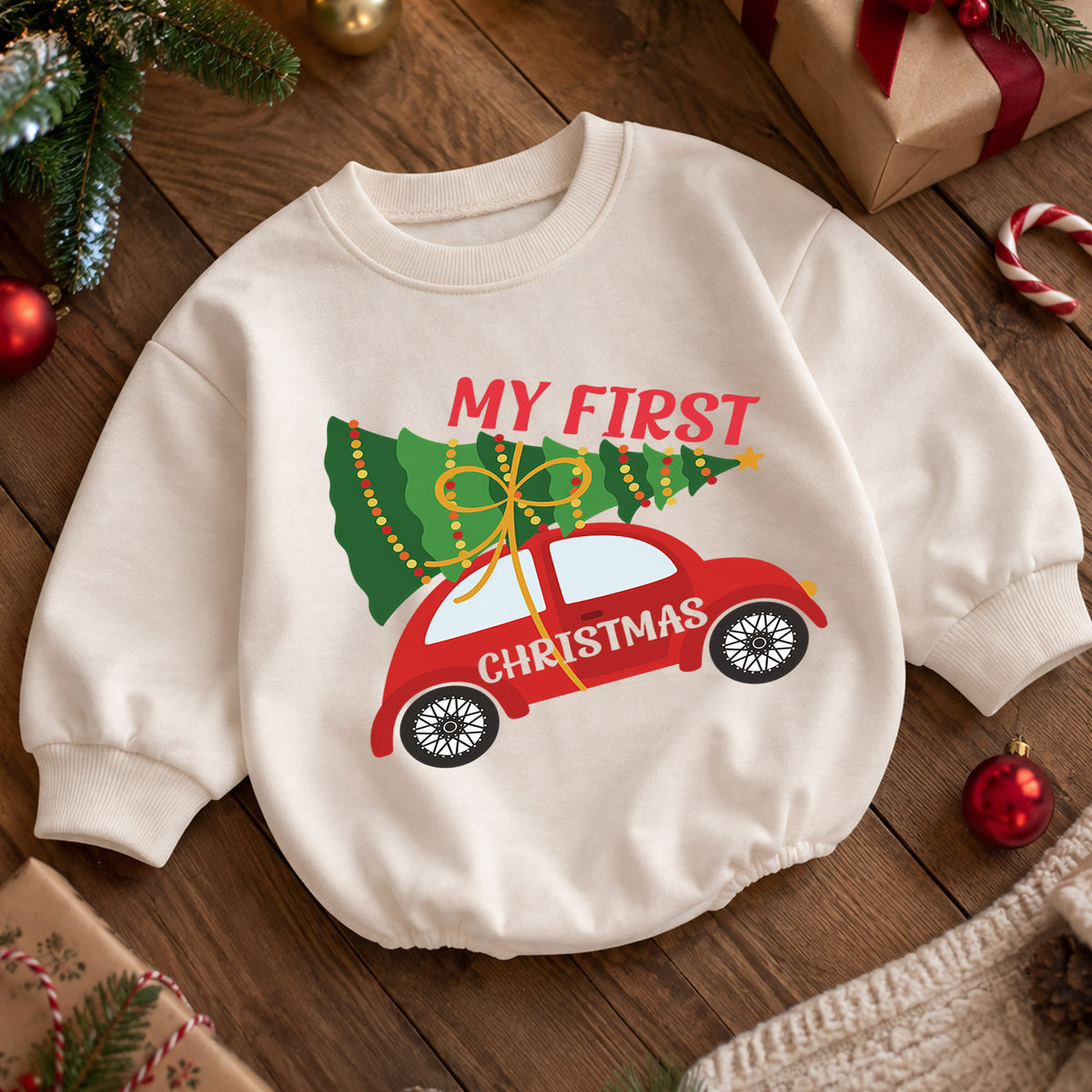 My First Christmas Car Baby Romper, Christmas Tree Car Romper, Baby First Xmas Outfit, Holiday Milestone Keepsake Gift — product view 5