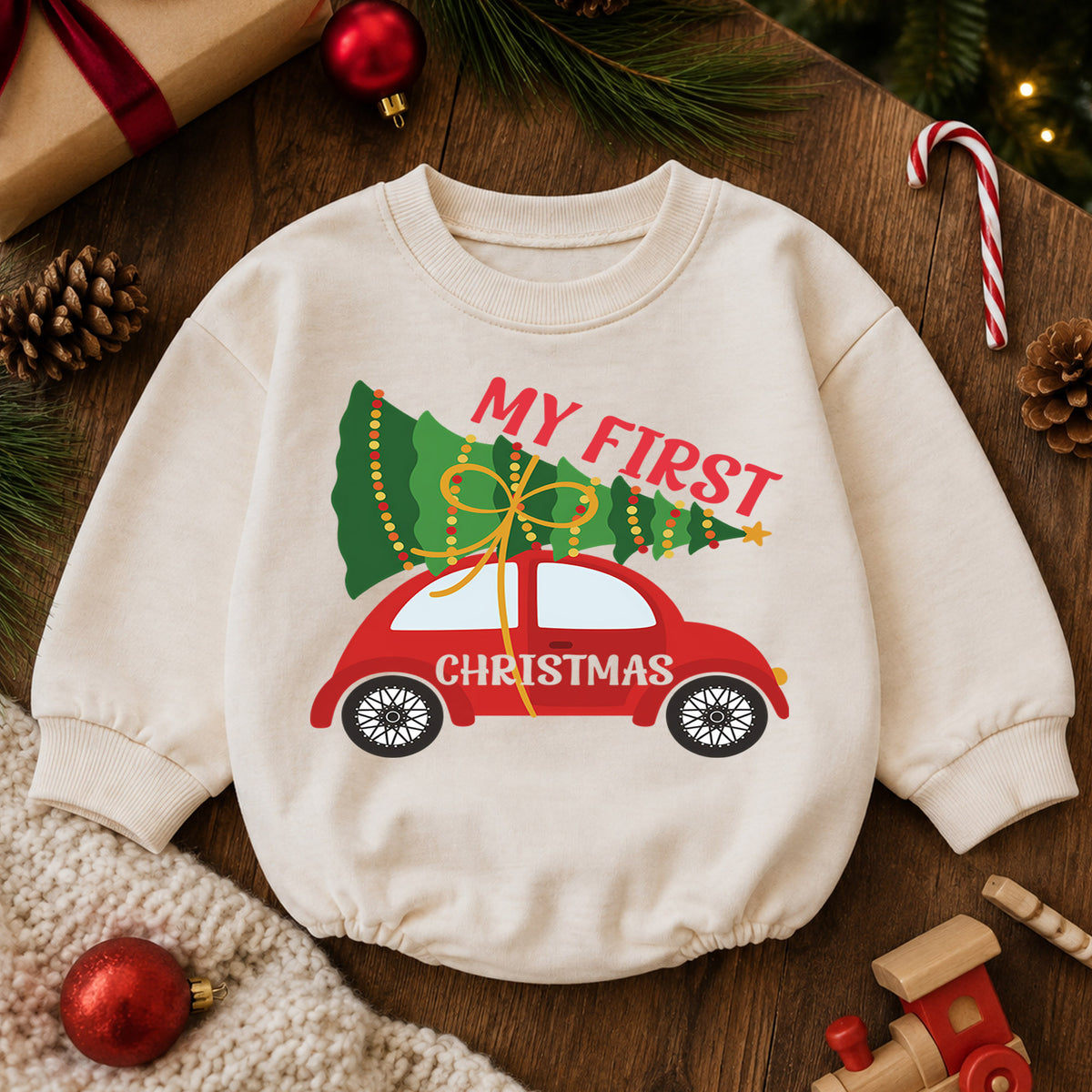 My First Christmas Car Baby Romper, Christmas Tree Car Romper, Baby First Xmas Outfit, Holiday Milestone Keepsake Gift — product view 6