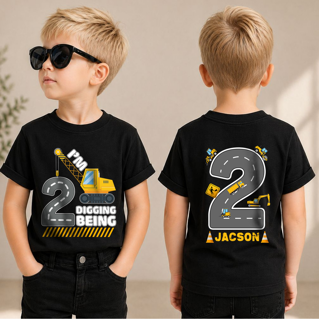 Personalized Construction 2nd Birthday Shirt Boy, Digging It — product view 1