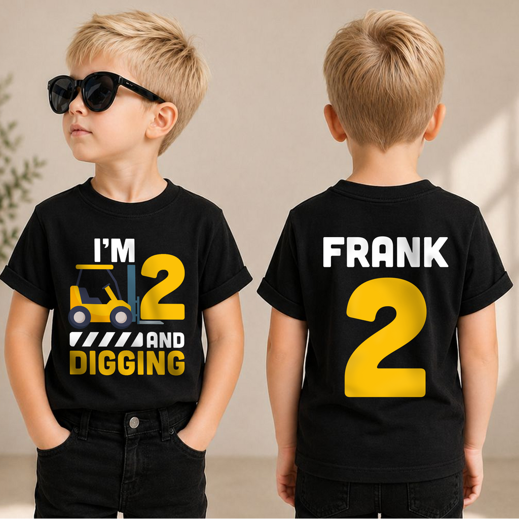Custom Name Construction 2nd Birthday Shirt Boy, Digging It — product view 1