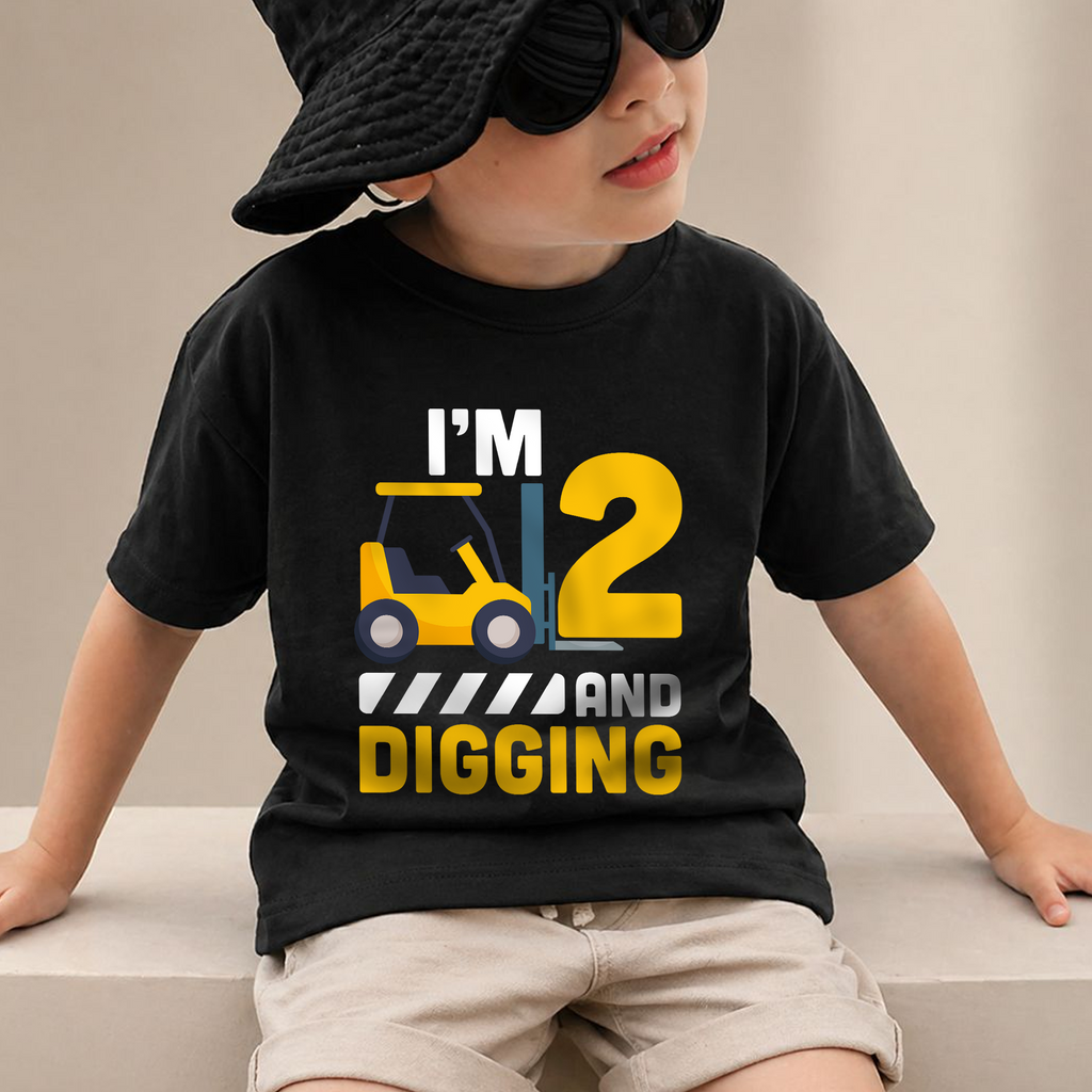 Custom Name Construction 2nd Birthday Shirt Boy, Digging It — product view 2