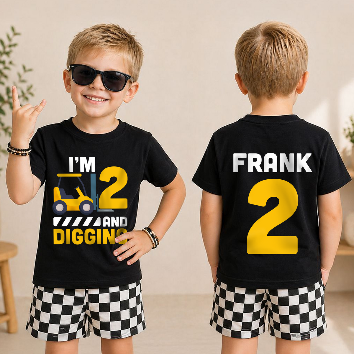 Custom Name Construction 2nd Birthday Shirt Boy, Digging It — product view 3