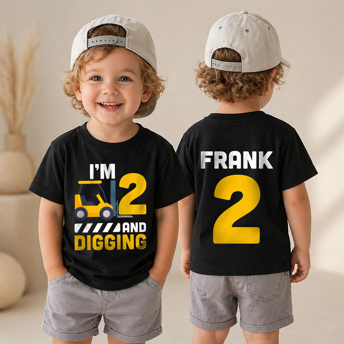 Custom Name Construction 2nd Birthday Shirt Boy, Digging It — product view 4