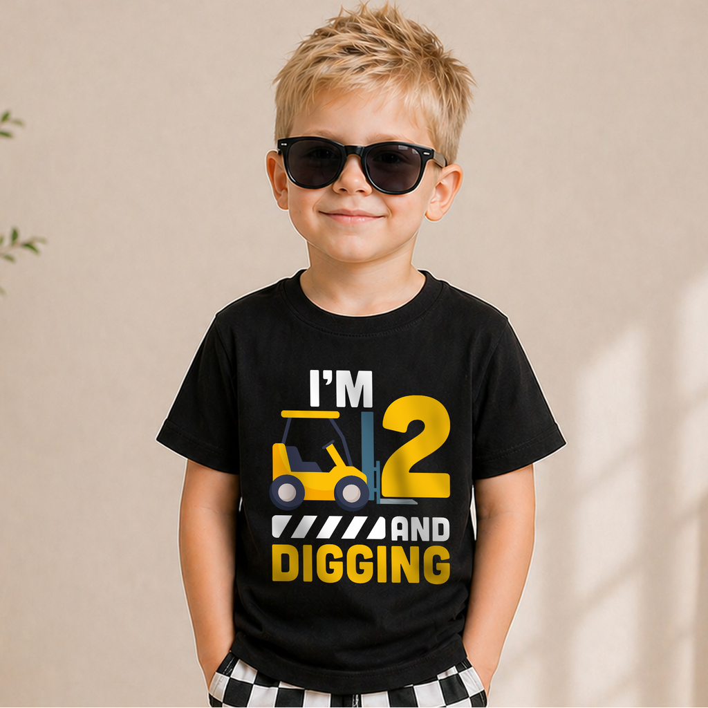 Custom Name Construction 2nd Birthday Shirt Boy, Digging It — product view 5