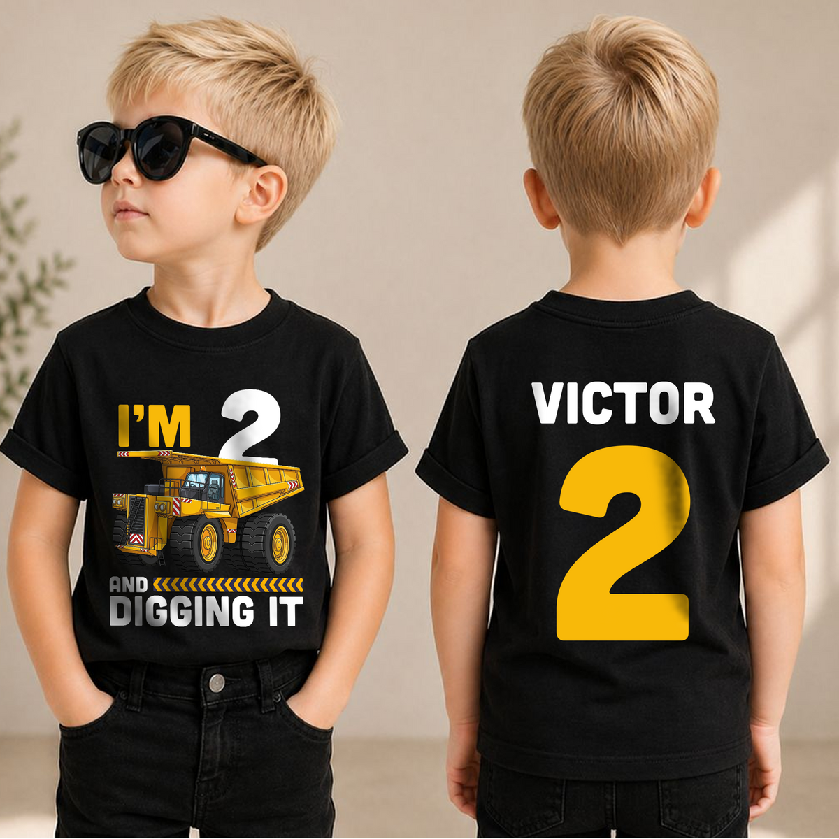 Toddler Personalized Construction 2nd Birthday Shirt Boy, Digging It — product view 1