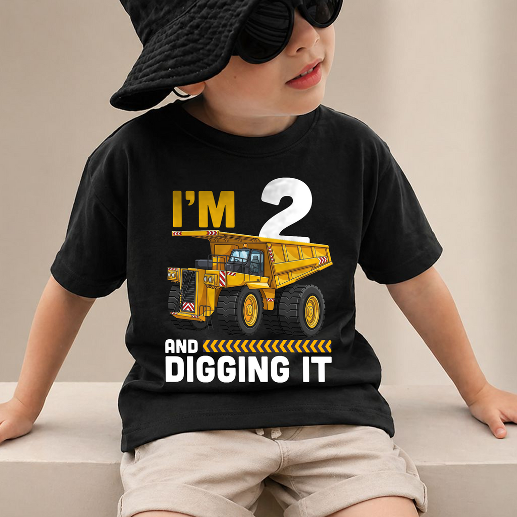 Toddler Personalized Construction 2nd Birthday Shirt Boy, Digging It — product view 2