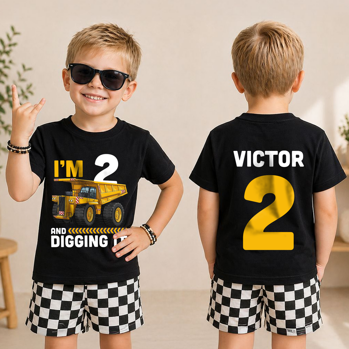 Toddler Personalized Construction 2nd Birthday Shirt Boy, Digging It — product view 3