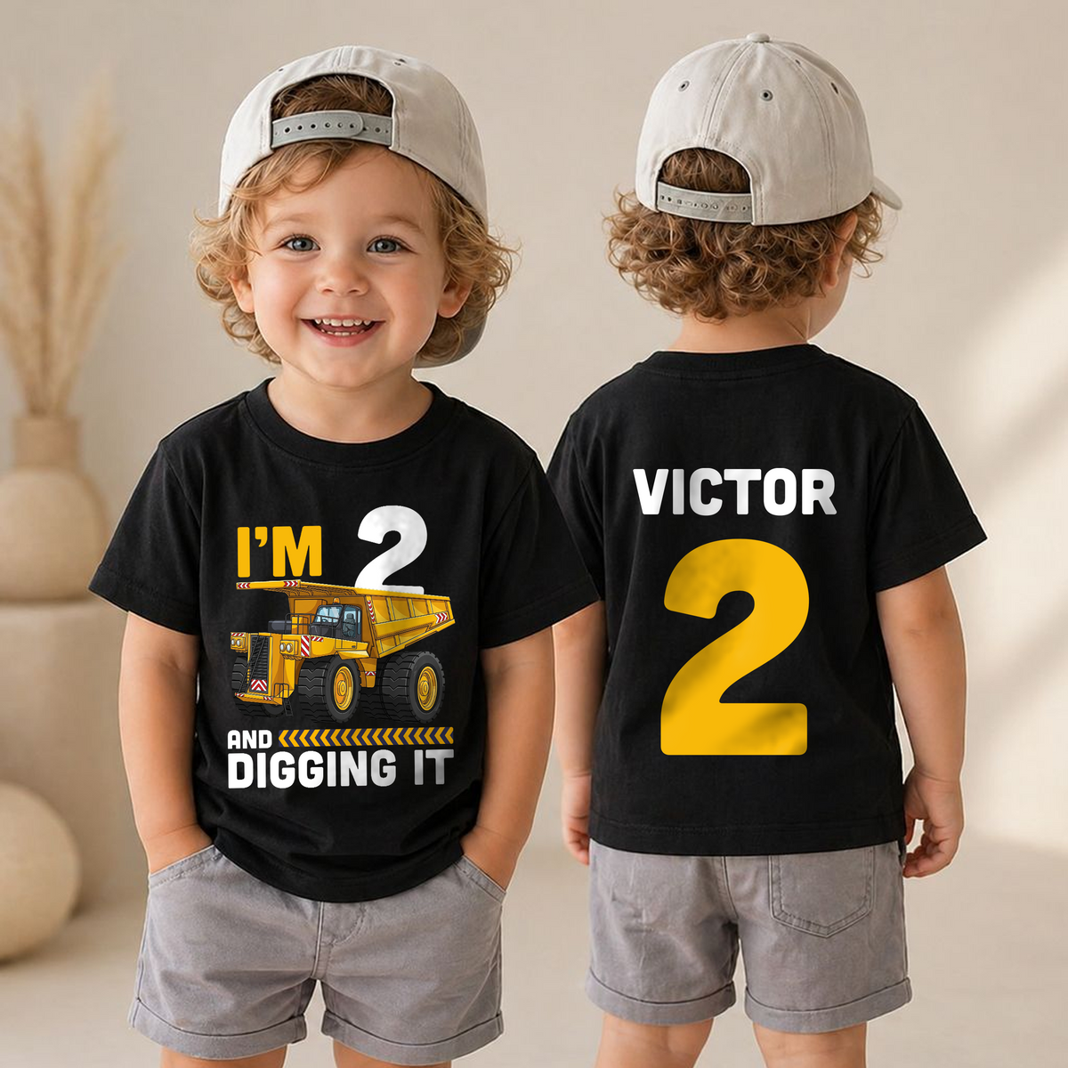 Toddler Personalized Construction 2nd Birthday Shirt Boy, Digging It — product view 4