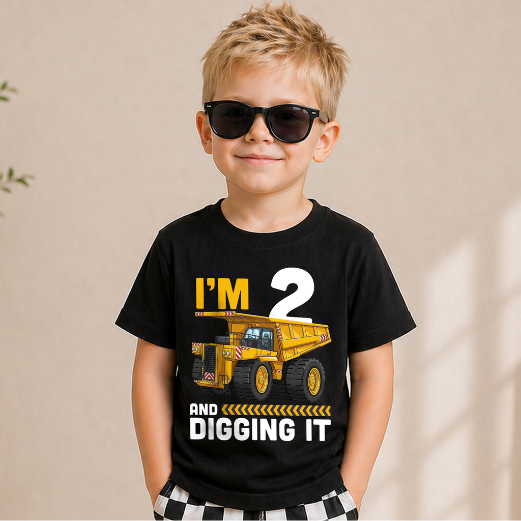 Toddler Personalized Construction 2nd Birthday Shirt Boy, Digging It — product view 5