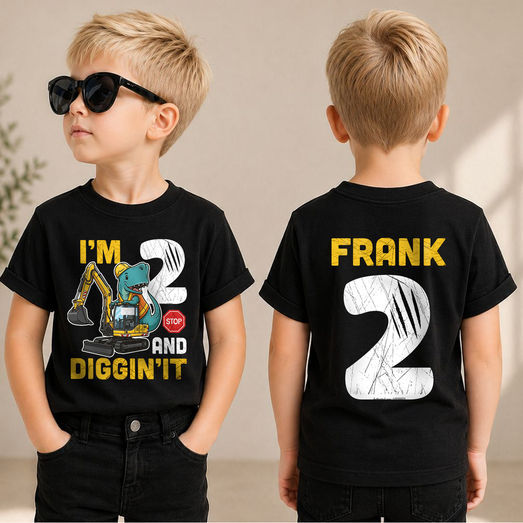 Boys Personalized Construction 2nd Birthday Shirt Boy, Digging It — product view 1