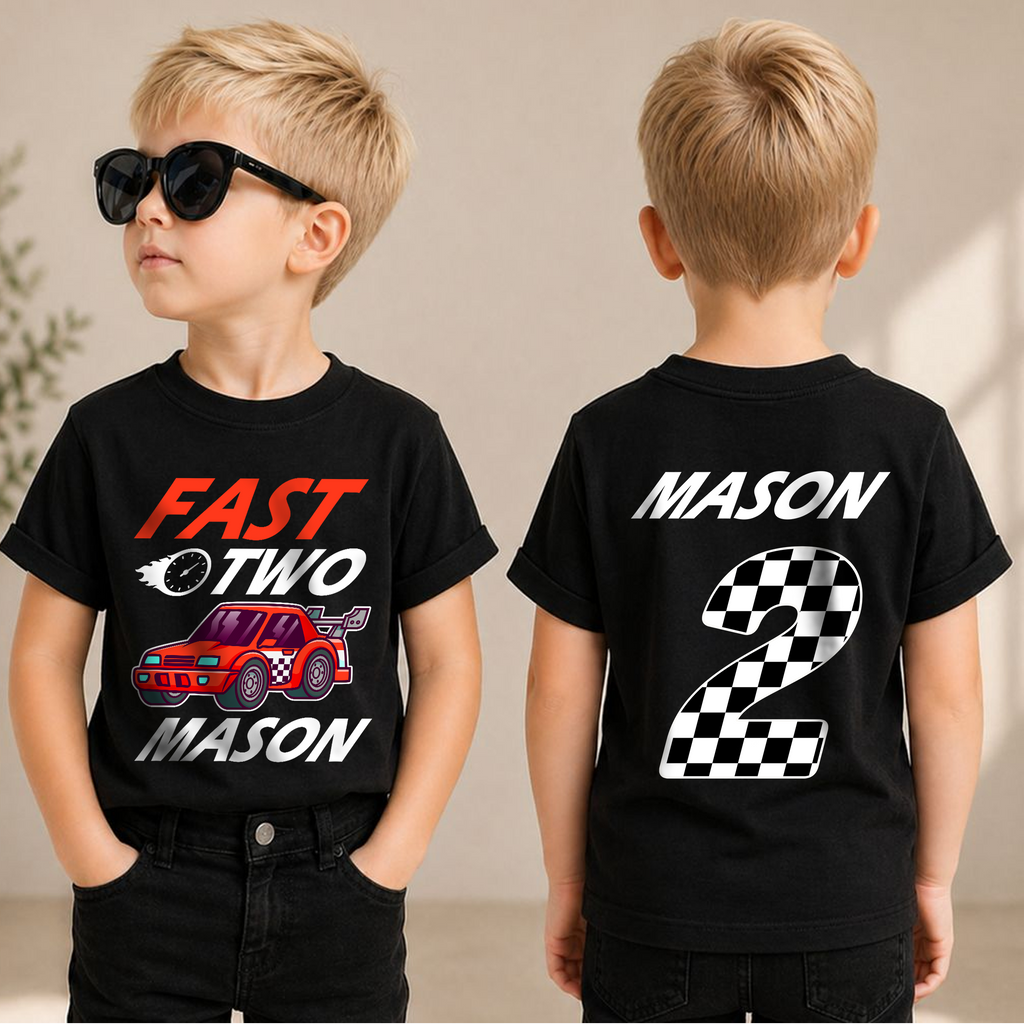 Boys Custom Fast Two 2nd Birthday Shirt for Boys — product view 1