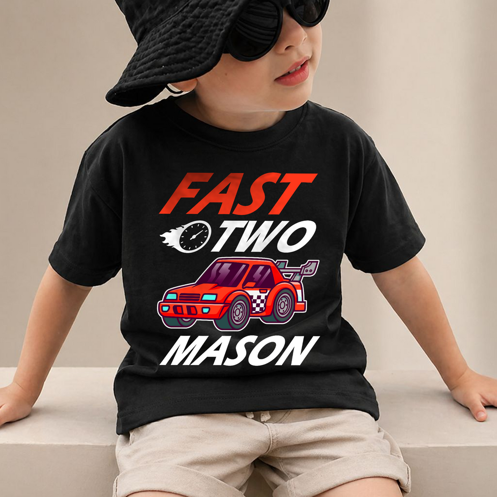 Boys Custom Fast Two 2nd Birthday Shirt for Boys — product view 2