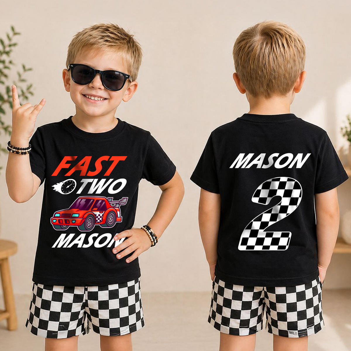Boys Custom Fast Two 2nd Birthday Shirt for Boys — product view 3
