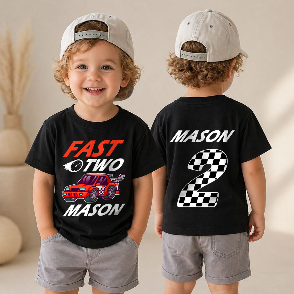 Boys Custom Fast Two 2nd Birthday Shirt for Boys — product view 4