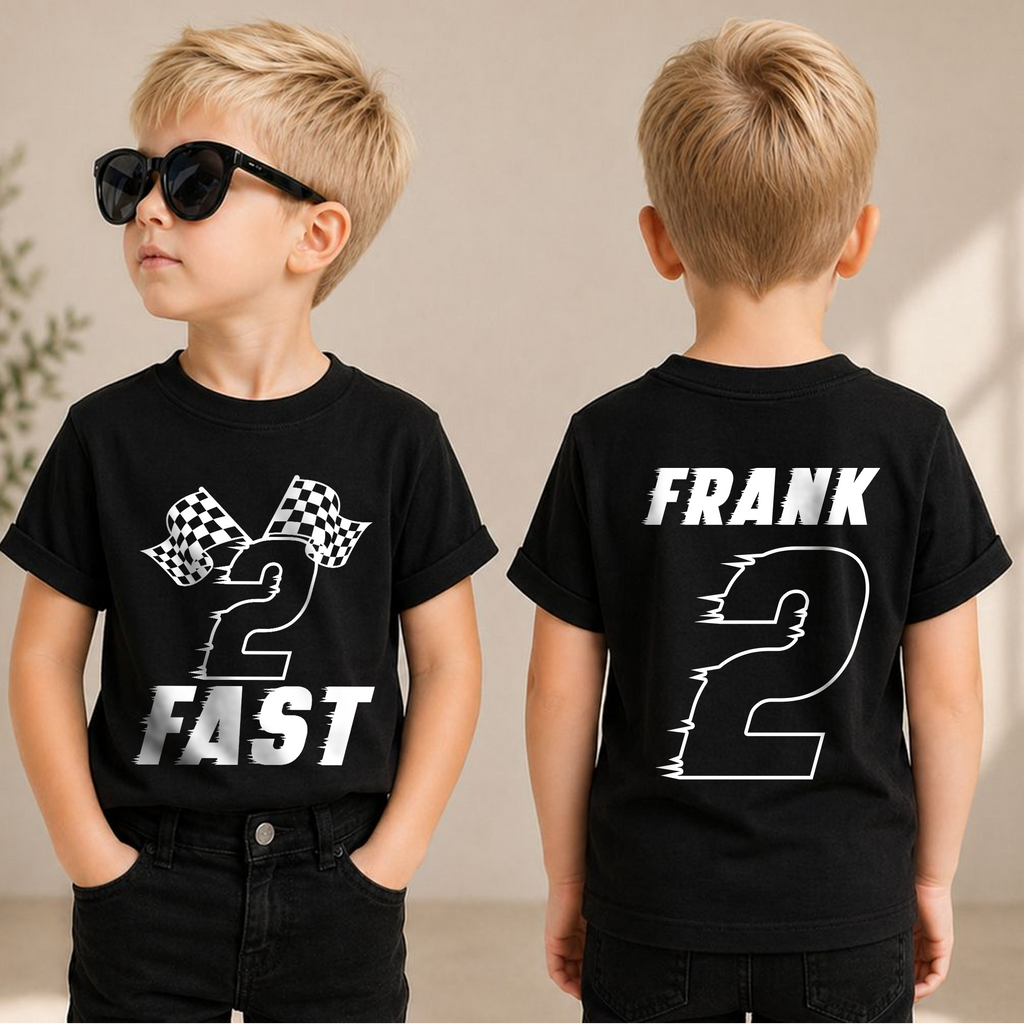Custom Name Racing 2nd Birthday Shirt Boy, 2 Fast — product view 1