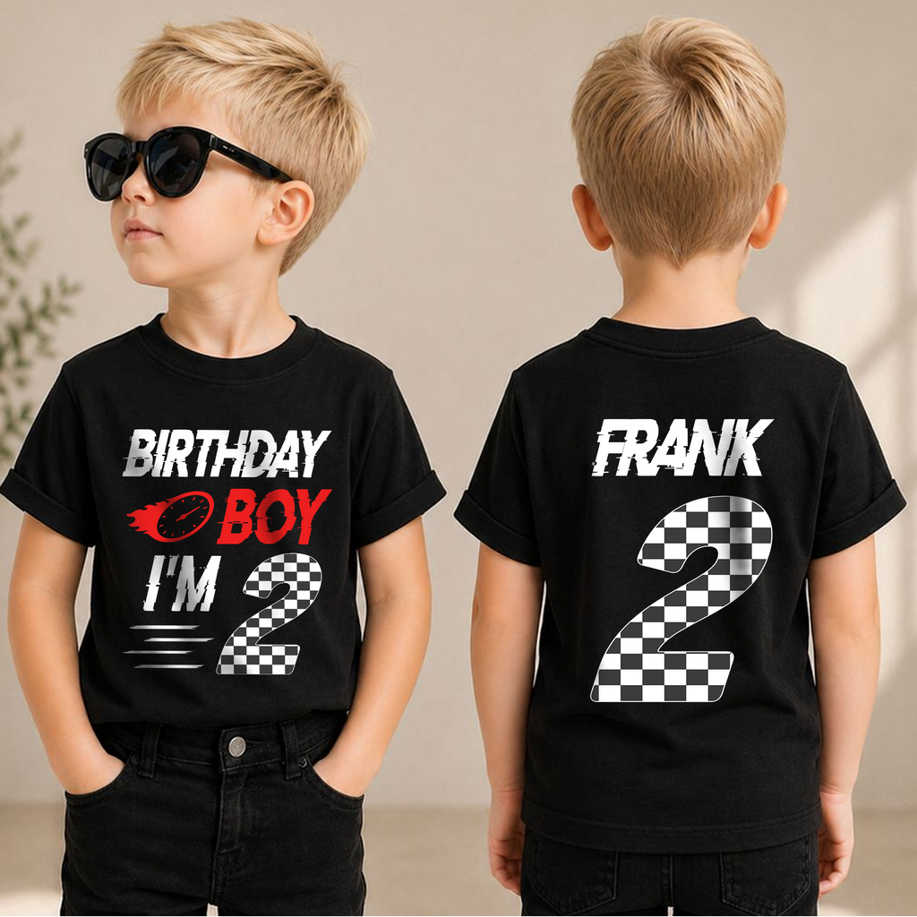 Boys Personalized Racing 2nd Birthday Shirt Boy, TWO FAST — product view 1