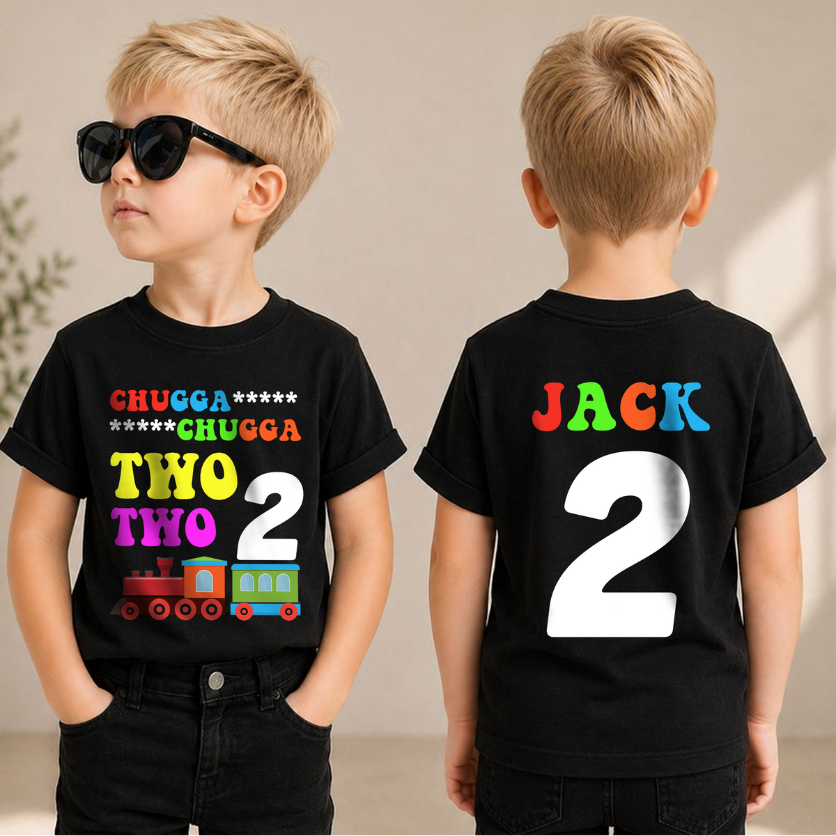 Custom Name Chugga Chugga Two Two 2nd Birthday Shirt — product view 1
