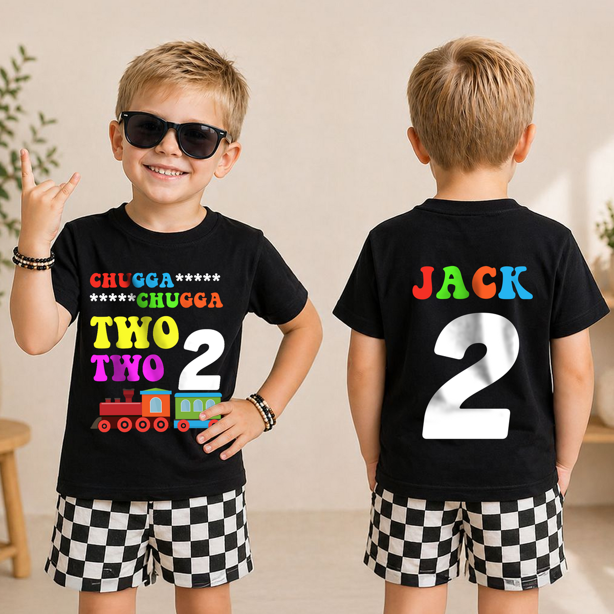 Custom Name Chugga Chugga Two Two 2nd Birthday Shirt — product view 3