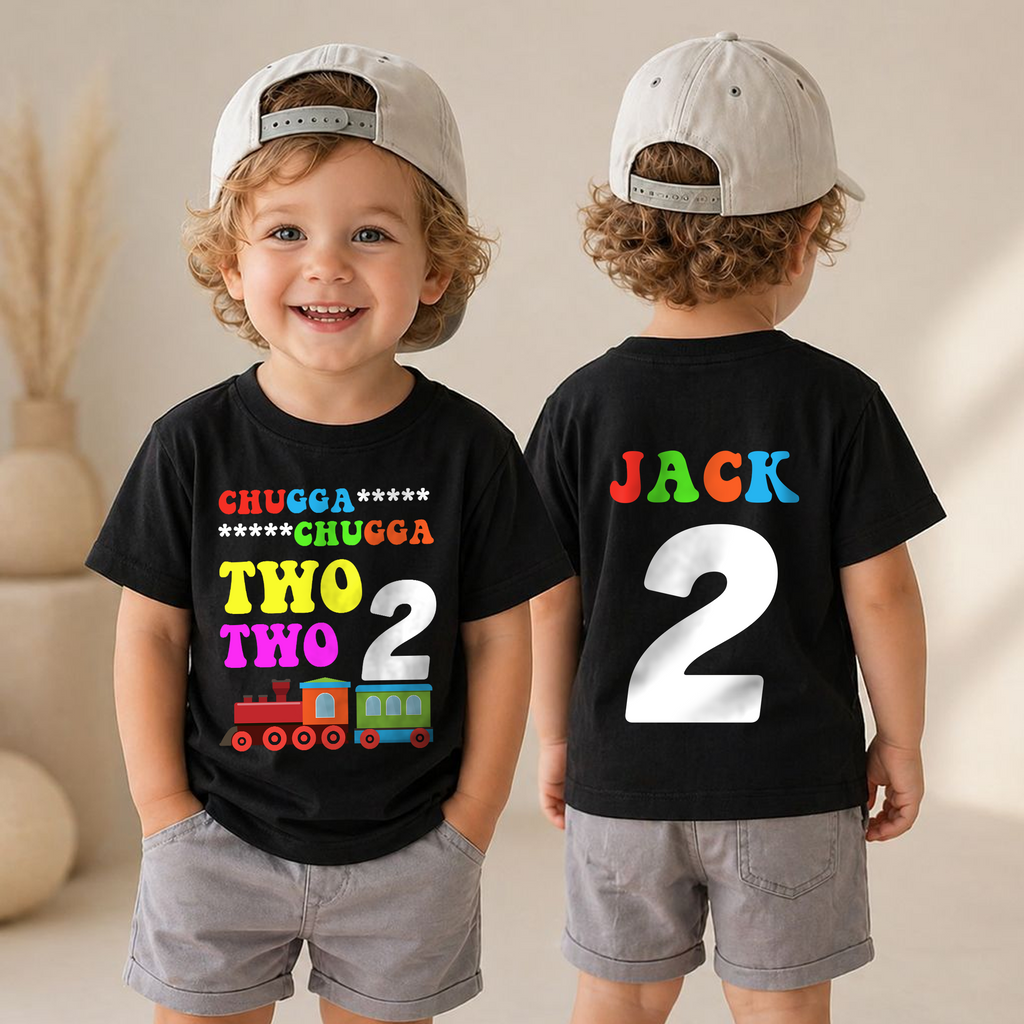 Custom Name Chugga Chugga Two Two 2nd Birthday Shirt — product view 4