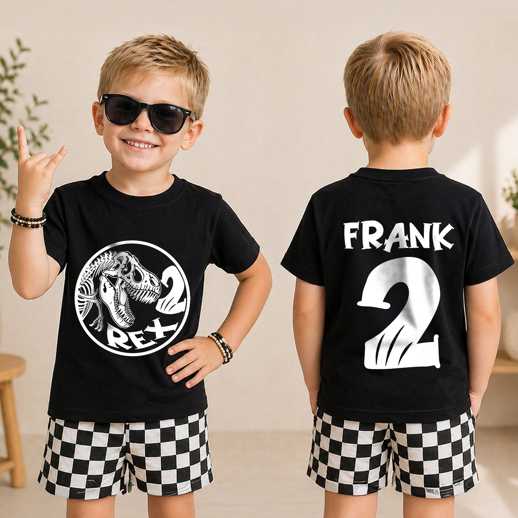 Custom Name Two Rex 2nd Birthday Shirt for Boys — product view 3
