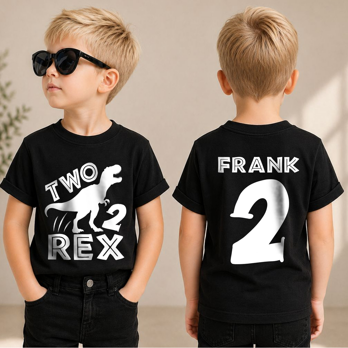 Boys Custom Two Rex 2nd Birthday Shirt for Boys — product view 1