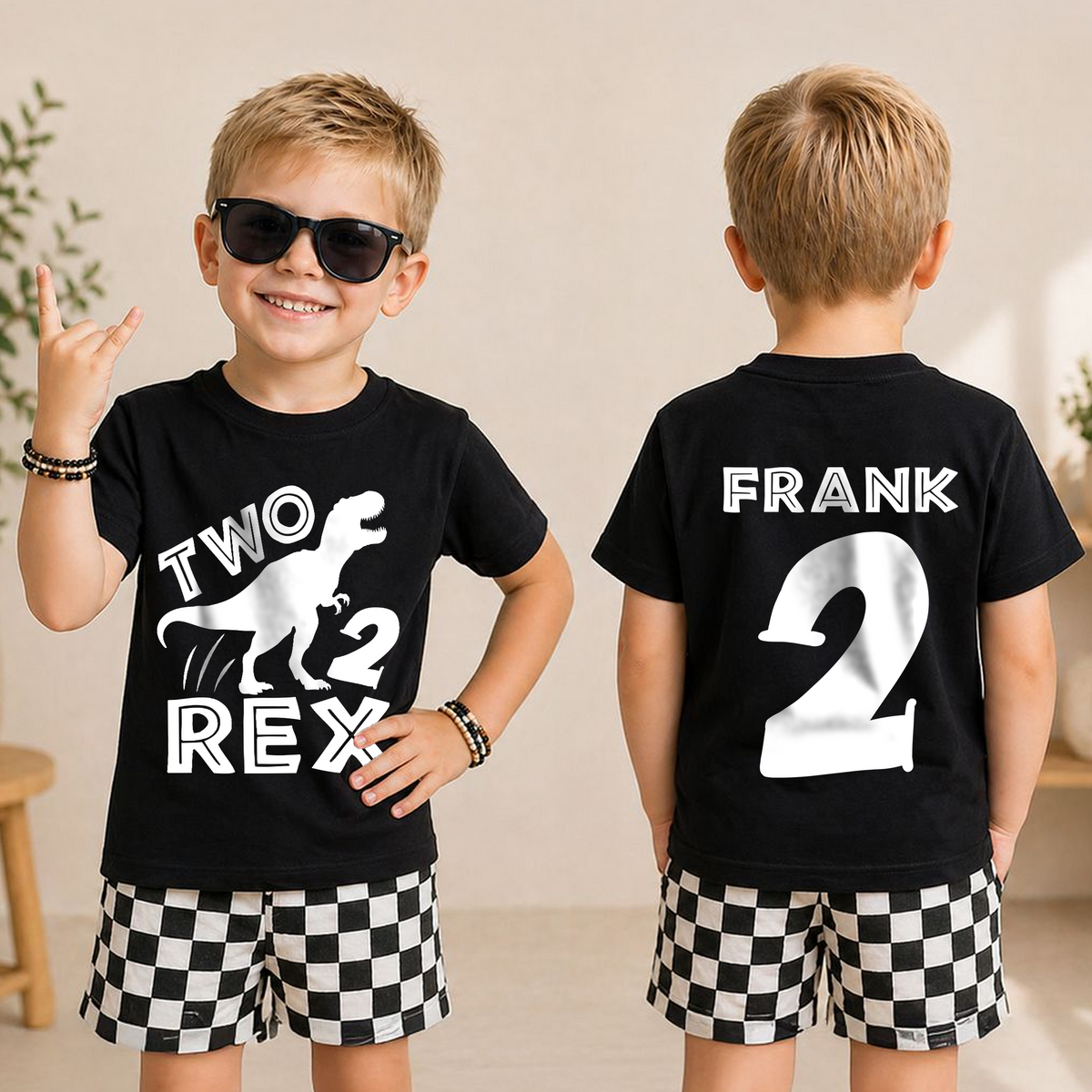 Boys Custom Two Rex 2nd Birthday Shirt for Boys — product view 3