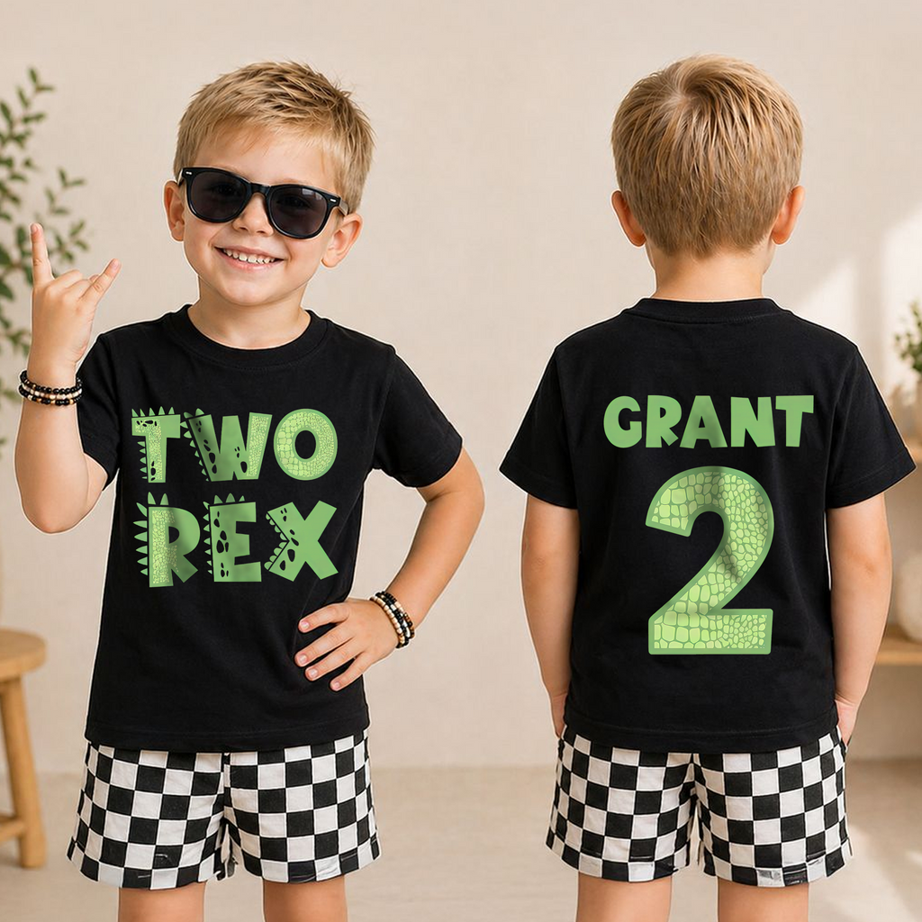 Toddler Personalized Two Rex 2nd Birthday Shirt for Boys — product view 3