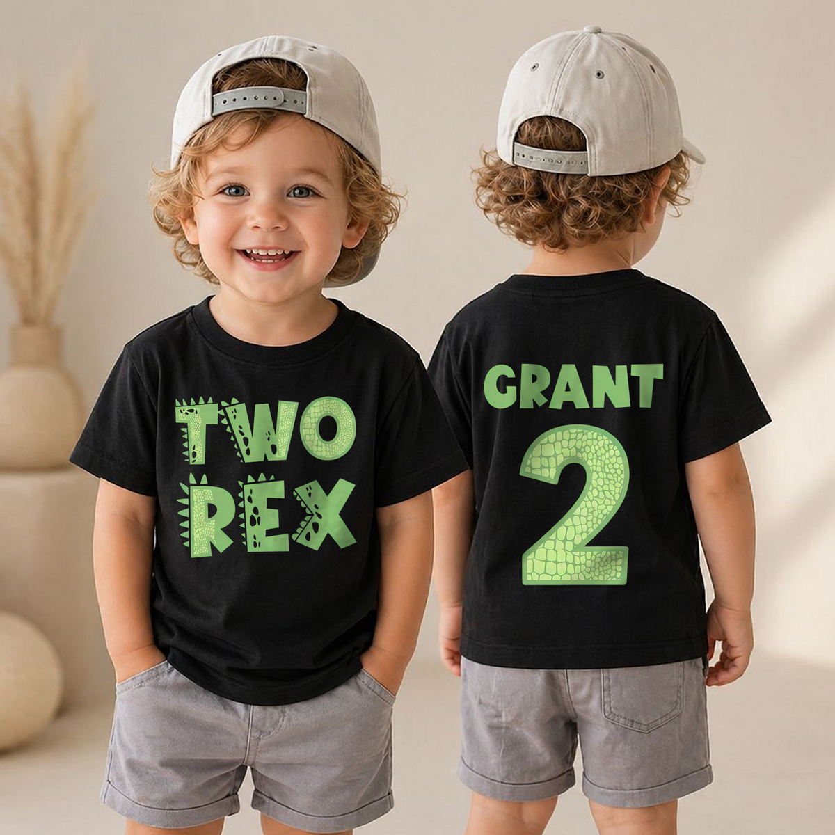 Toddler Personalized Two Rex 2nd Birthday Shirt for Boys — product view 4
