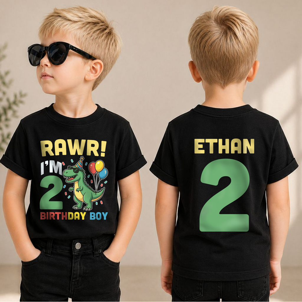 Custom Name Dinosaur 2nd Birthday Shirt Boy, Rawr I'm 2 — product view 1