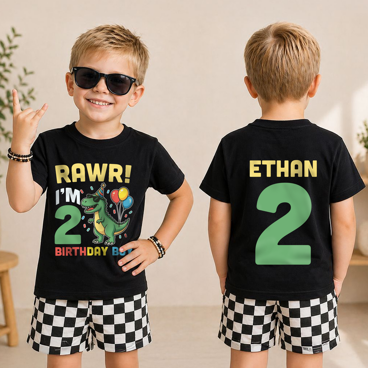 Custom Name Dinosaur 2nd Birthday Shirt Boy, Rawr I'm 2 — product view 3