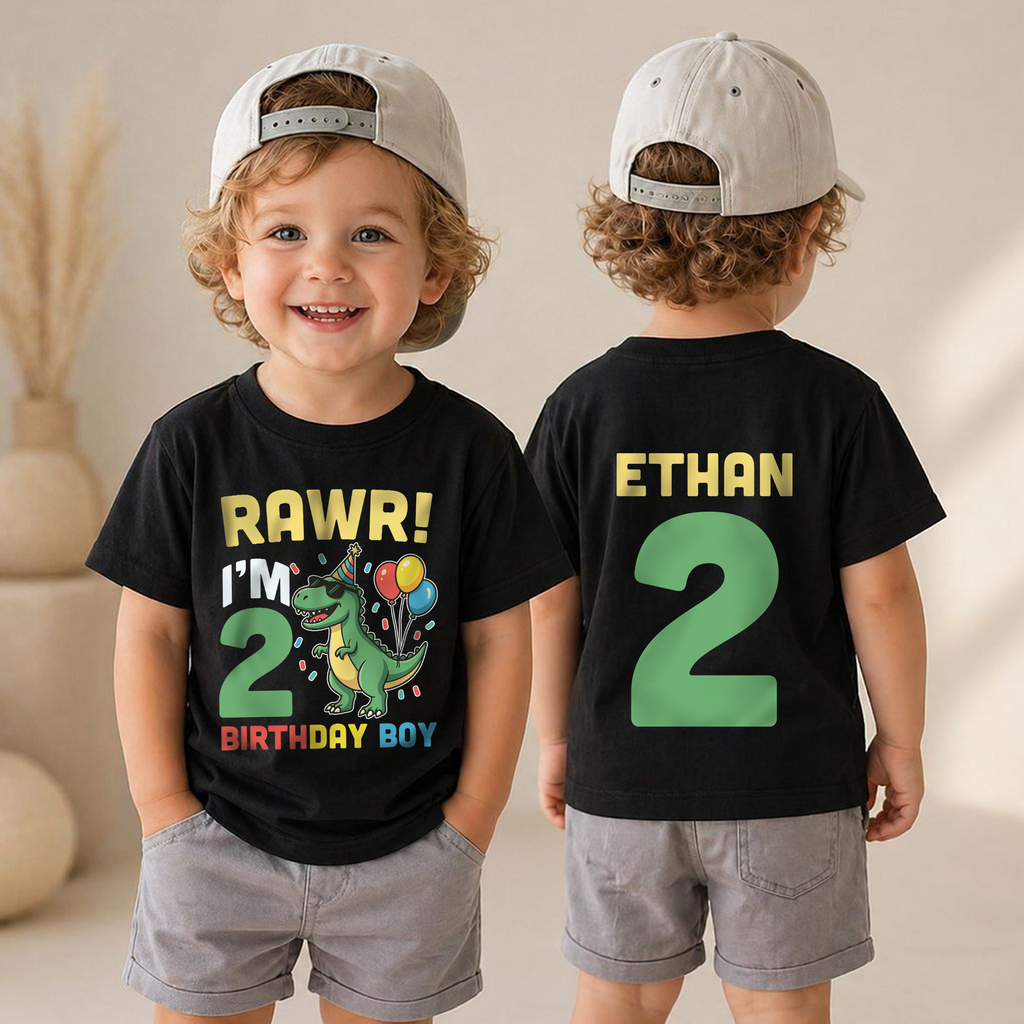 Custom Name Dinosaur 2nd Birthday Shirt Boy, Rawr I'm 2 — product view 4