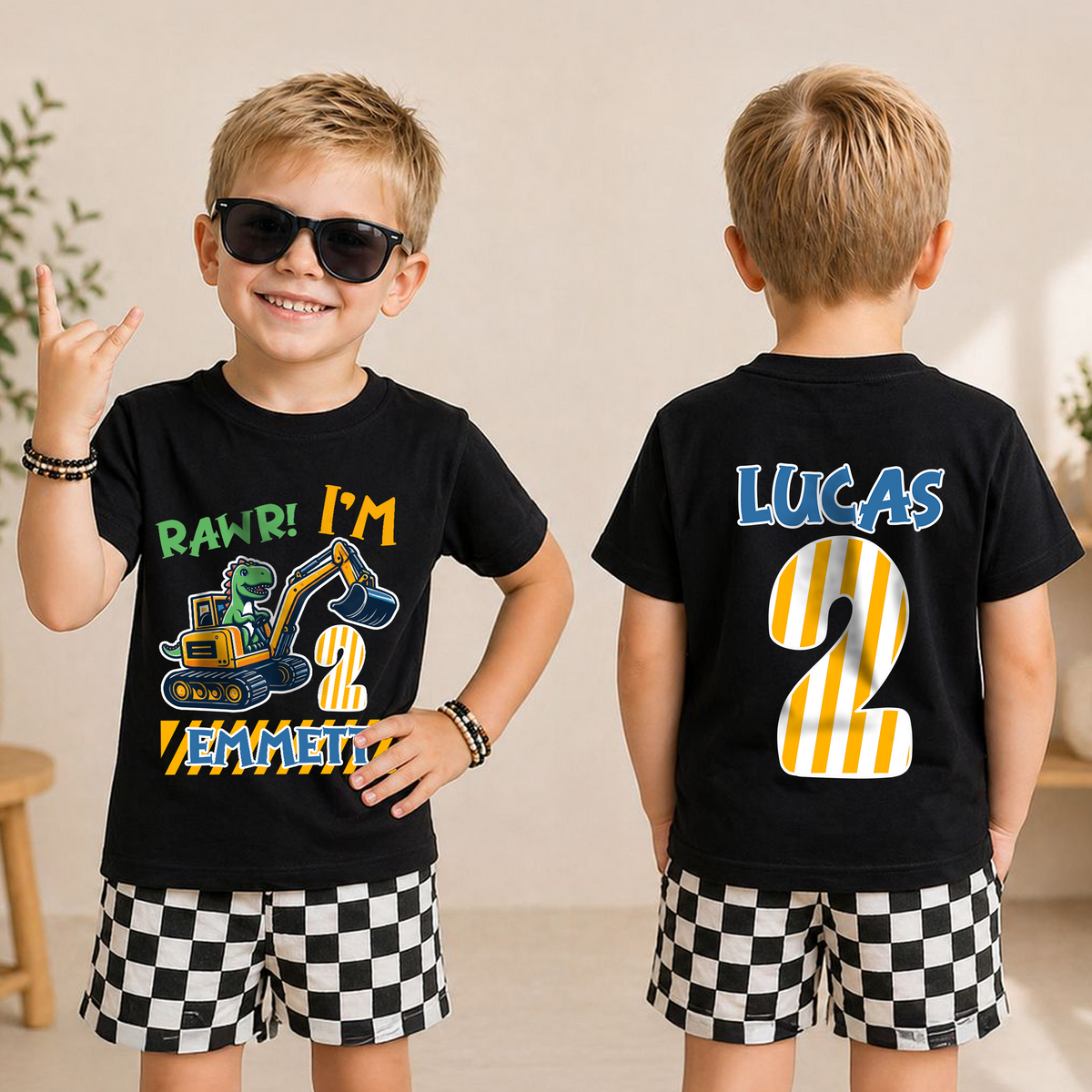 Boys Custom Dinosaur 2nd Birthday Shirt Boy, Rawr I'm 2 — product view 3