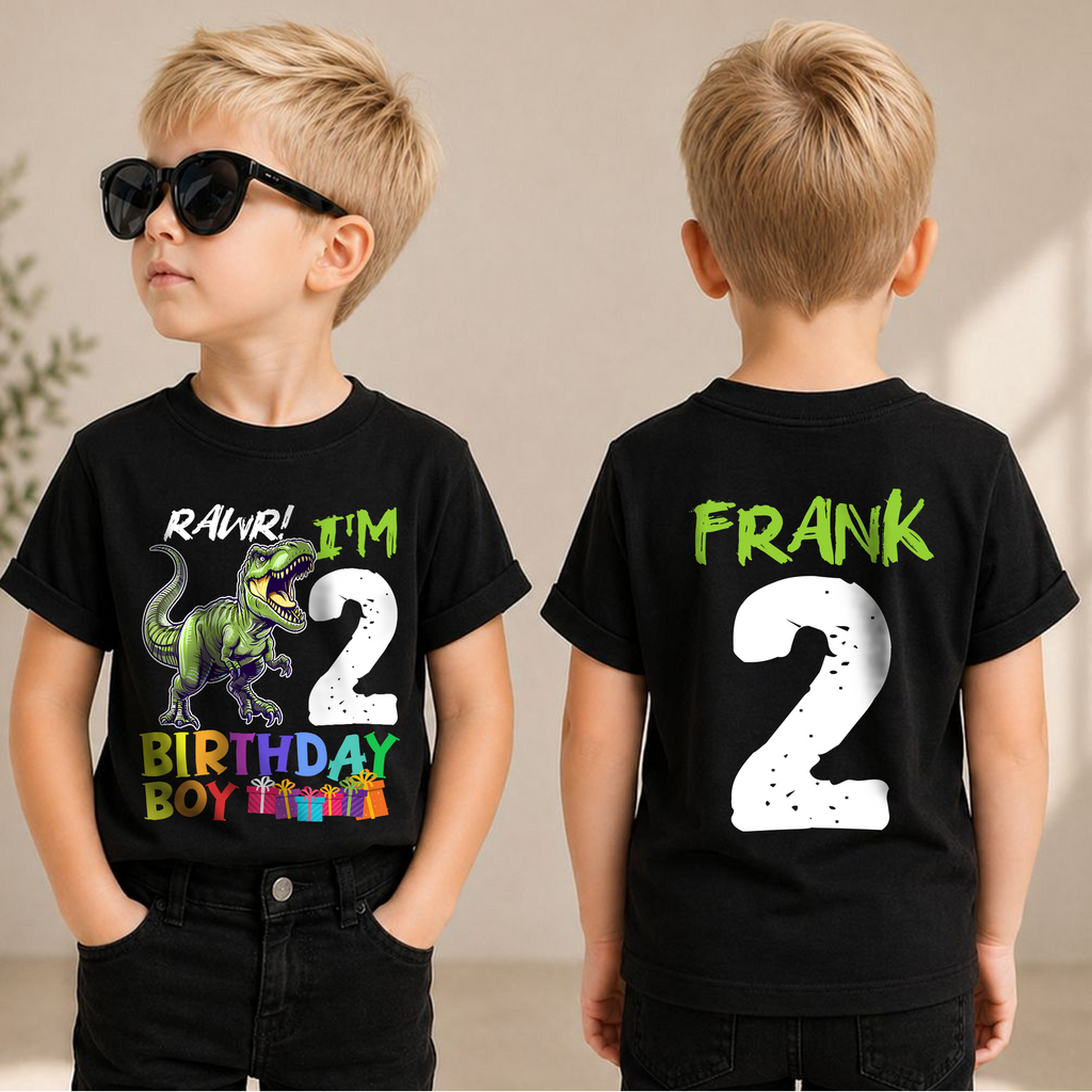 Toddler Personalized Dinosaur 2nd Birthday Shirt Boy, Rawr I'm 2 — product view 1