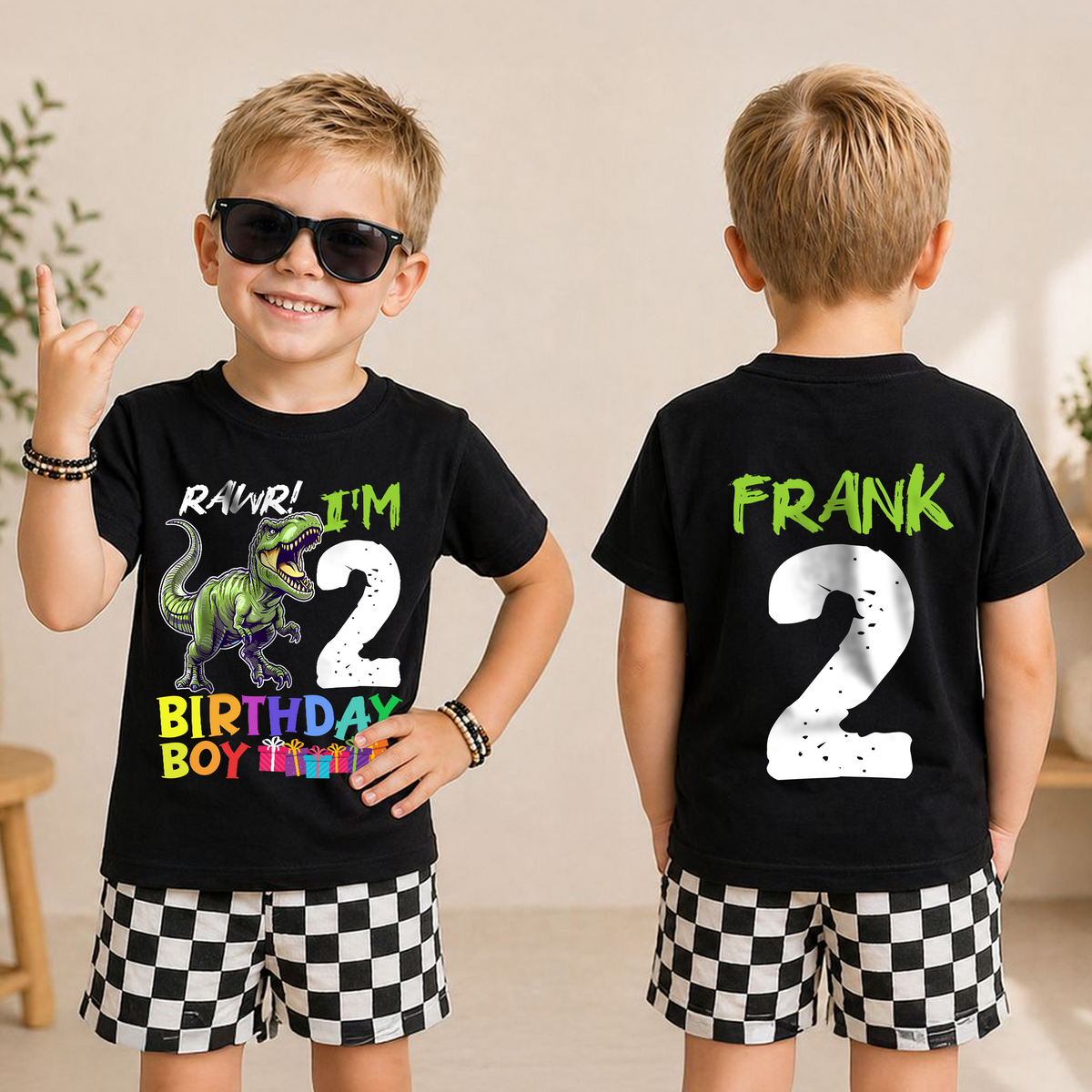 Toddler Personalized Dinosaur 2nd Birthday Shirt Boy, Rawr I'm 2 — product view 3